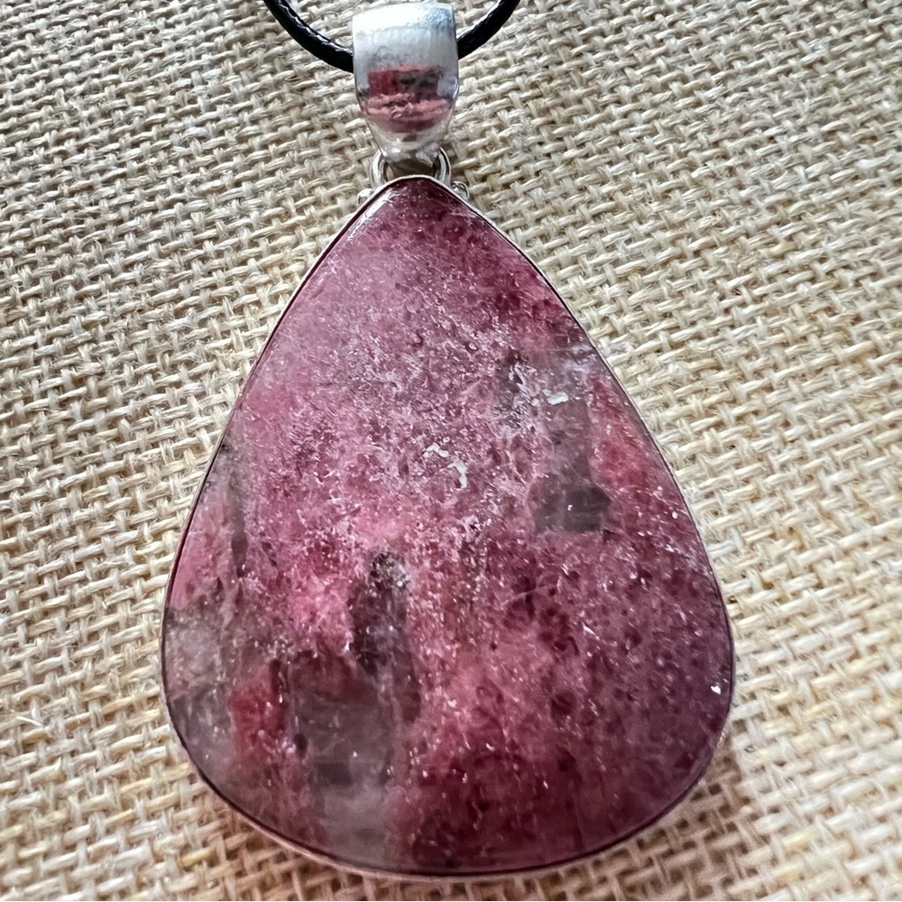 New Pink Thulite Crystal Stone Large Silver Overlay Pendant Necklace w Cord